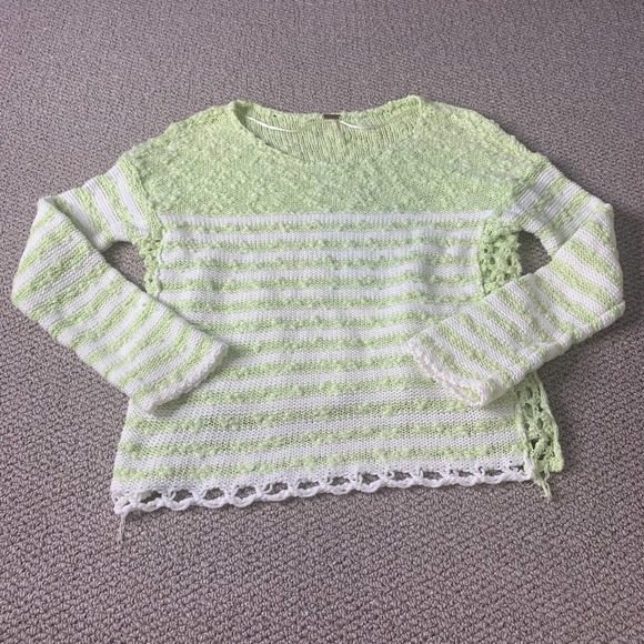 Free People Womens Sweater Size XS Green/White Stripe Popcorn Textured Pullover - Picture 2 of 12
